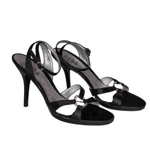 BCBG Paris High Heel Strappy Sandals Ankle Strap Black Satin Rhinestone 7.5B